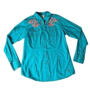 Ariat Western Shirt Embroidered Floral Turquoise Long Sleeve Top M